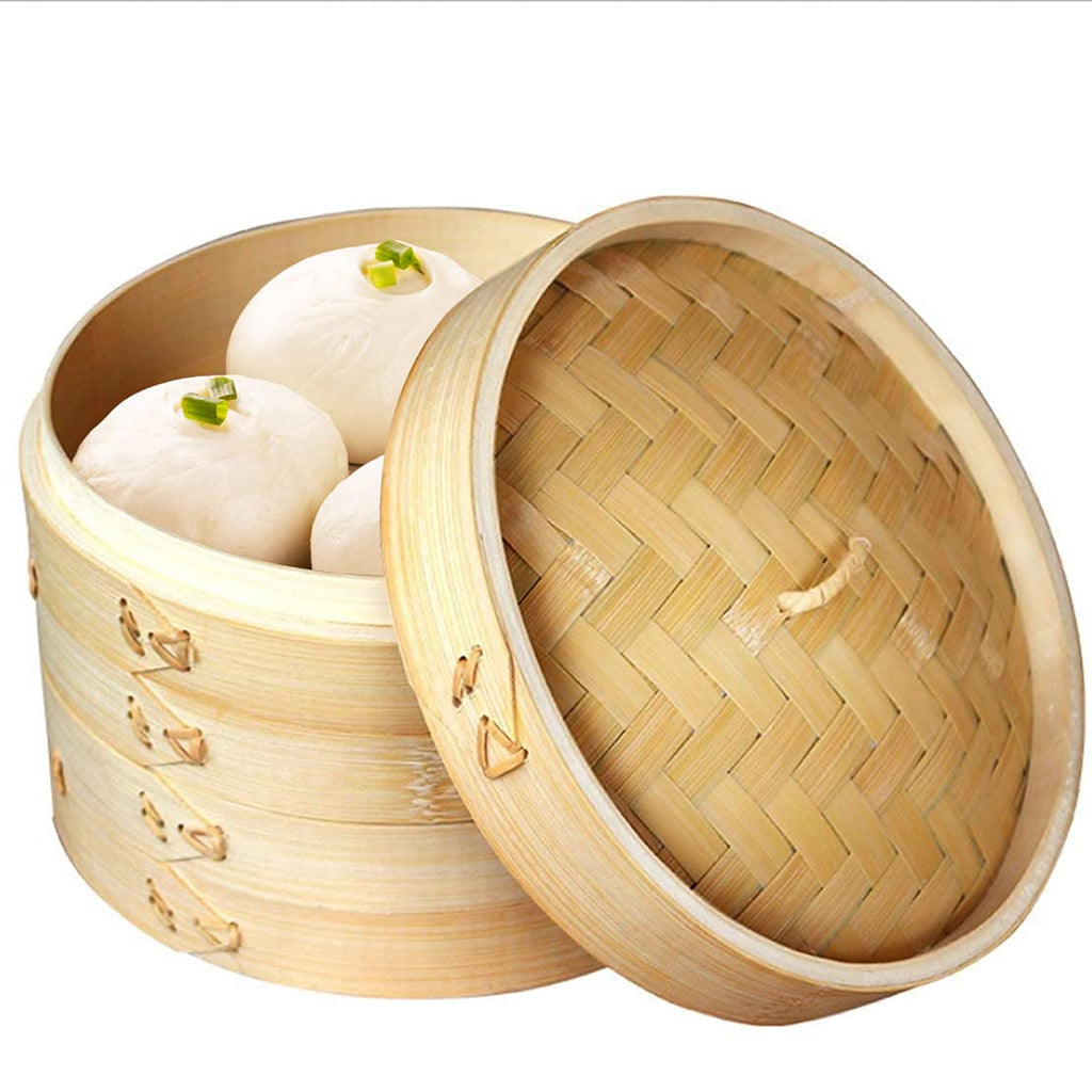 Bamboo Steamer 10 Inch, 2 Tier Steamer Basket & Lid, Dumpling Steamers, Dim Sum Chinese Steam Baskets with Round shape Mesh Non-stick Pad, Steaming for Vegetables, Bao Bun, Rice, Chicken, Fish & Meat