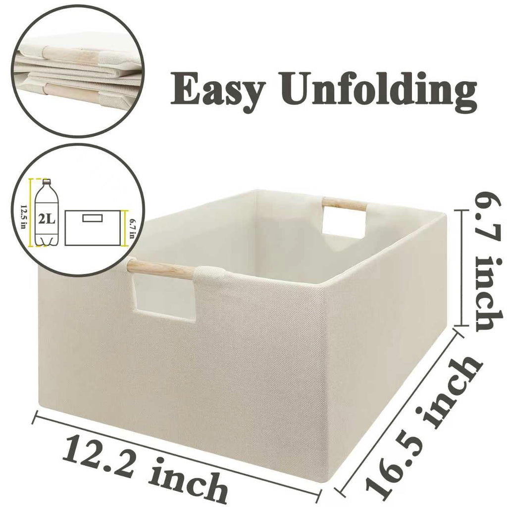 Fabric Collapsible Storage Bins, 2 Packs Cloth Storage Cubes with Wooden Handles, Stow Home Items Shelf Baskets, Rectangular Storage Basket for Decor, Shelves and Closet Organizer Bins (Beige)
