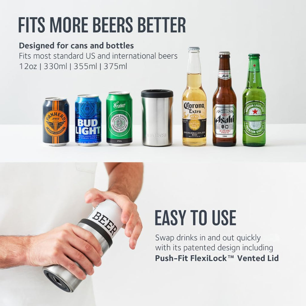 Huski Beer Cooler 2.0 | New | Premium Can and Bottle Holder | Triple Insulated Marine Grade Stainless Steel | Detachable 3-in-1 Opener | Works as a Tumbler | Best Gifts for Beer Lovers (Stainless)