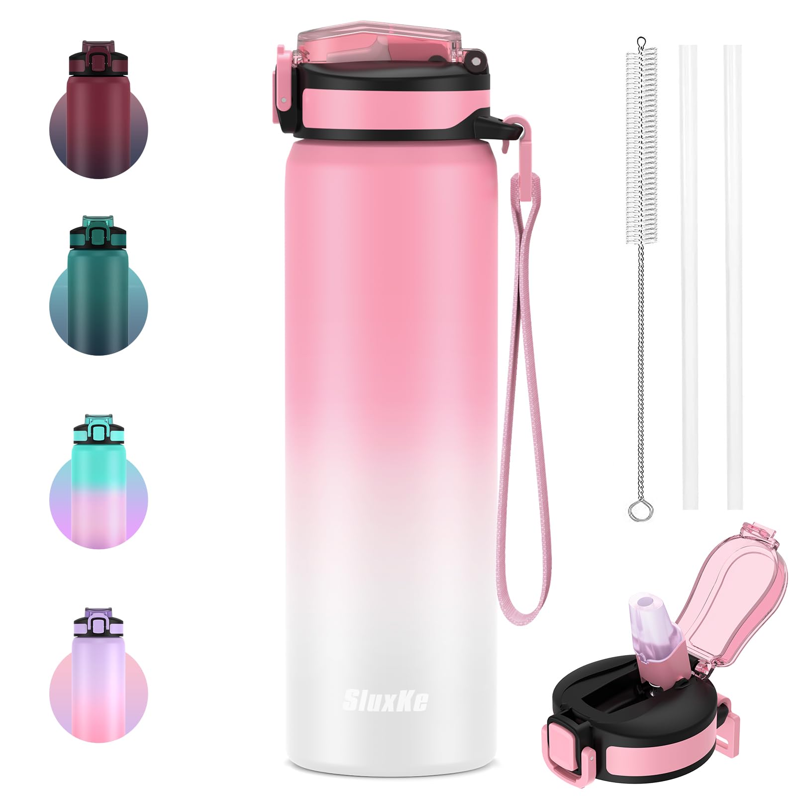 SLUXKE 18/8 Stainless Steel Water Bottle with Straw, 24oz Insulated Vacuum Drinking Bottle BPA Free, Perfect for Hot or Cold Drinks, 24oz LeakProof Insulated Water Jug for Camping, Gym, Work