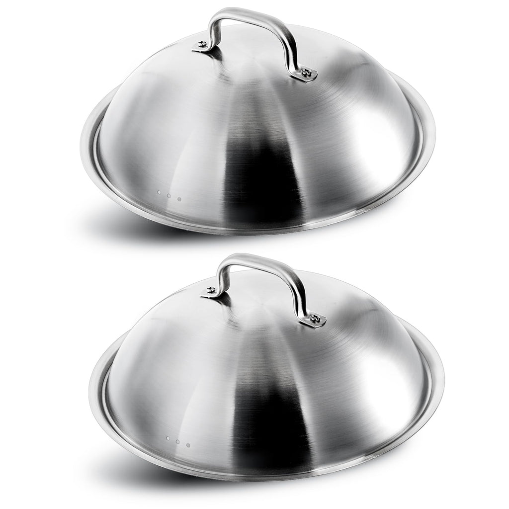 Peohud 2 Pack Griddle Accessories Basting Cover, 12 Inch Round Cheese Melting Dome, Stainless Steel Steam Pot Wok Lids, Heavy Duty Griddle Accessories for Flat Top Grill Cooking Indoor Outdoor
