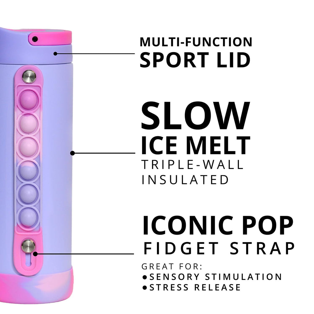 Elemental Iconic Kids Water Bottle for School - Leak-Proof Insulated Water Bottles with Straw Lid & Pop-It Handle for Boys & Girls - Triple Wall BPA-Free & Stainless Steel Bottle, 14oz - Lilac Tie Dye