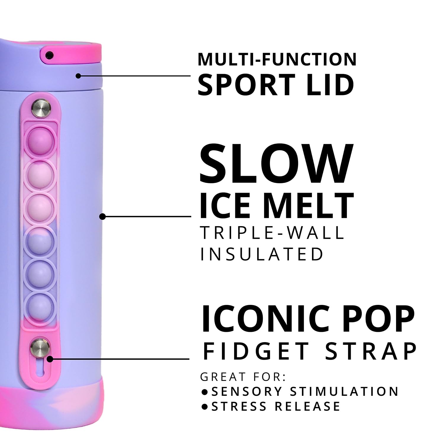 Elemental Iconic Kids Water Bottle for School - Leak-Proof Insulated Water Bottles with Straw Lid & Pop-It Handle for Boys & Girls - Triple Wall BPA-Free & Stainless Steel Bottle, 14oz - Lilac Tie Dye