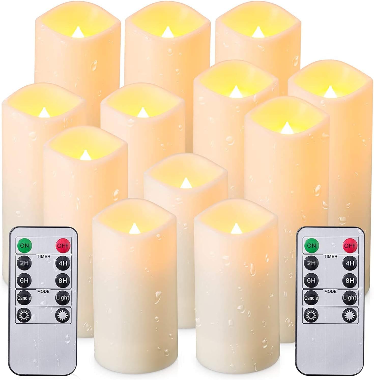 Flameless Candles, Led Candles Set of 12(D 2.1" X H 4" 5" 6" 7") Resin Candles with Remote Timer Waterproof Outdoor Indoor Candles (Made of Plastic)
