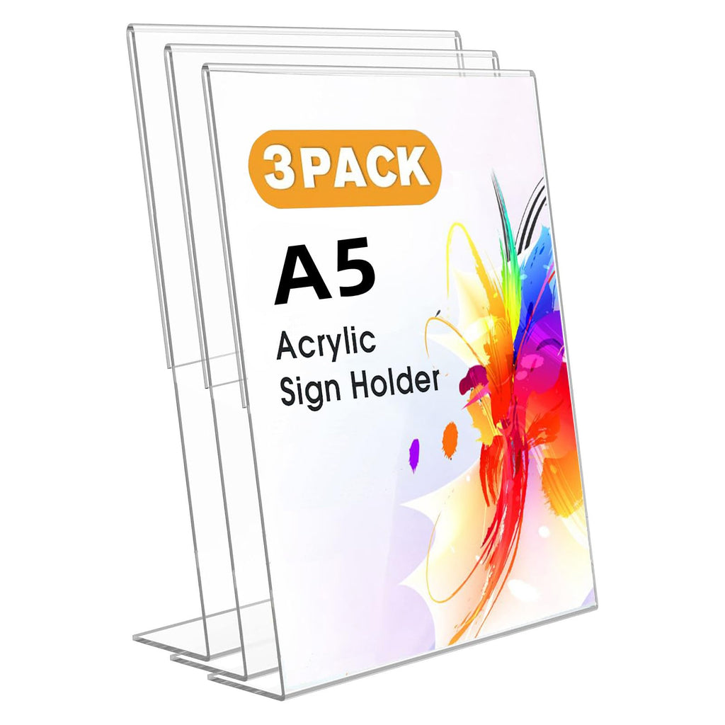 Acrylic Sign Holder, 3 Pack 5x7" Clear Display Table Sign Stand, L-Shape Plastic Message Board Stand for Exhibition, Office, Store, Restaurant