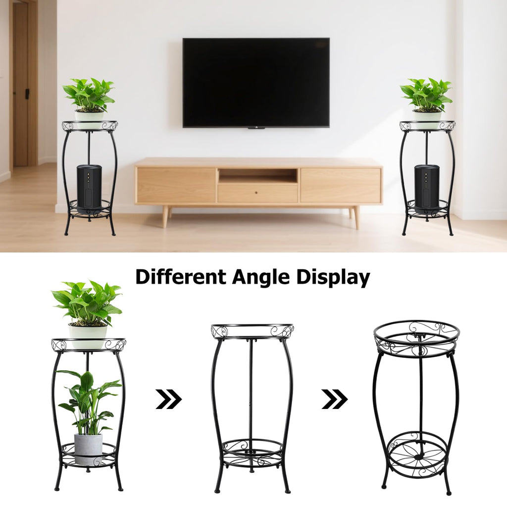 ILIYAH Metal Plant Stand Indoor - 2-Tier Metal Round Shelf Plants Stand, Space-Saving 27″ Indoor Plant Stand for Home Décor (Black)
