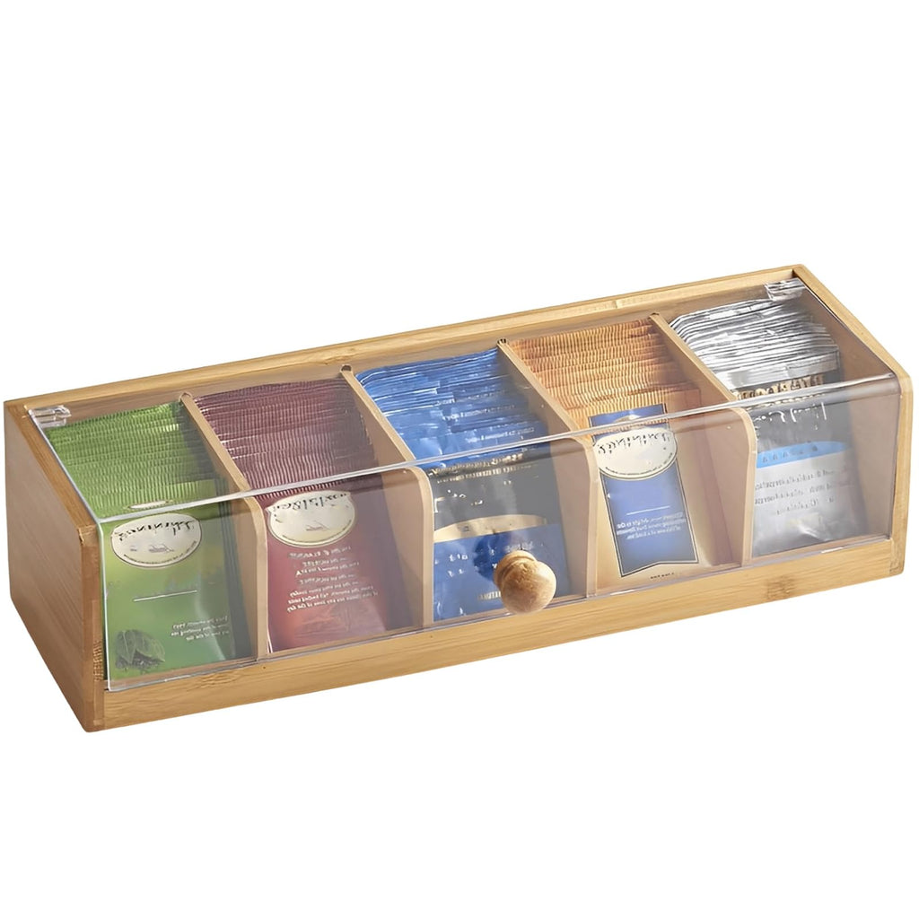 Bamboo Tea Bag Organizer, Bamboo Tea Box with 5 Compartments, Tea Storage Organizer Holder Box with Acrylic Window for Teabags, Countertop TeaStation Organizer for Home Kitchen Office Cabinet Pantry