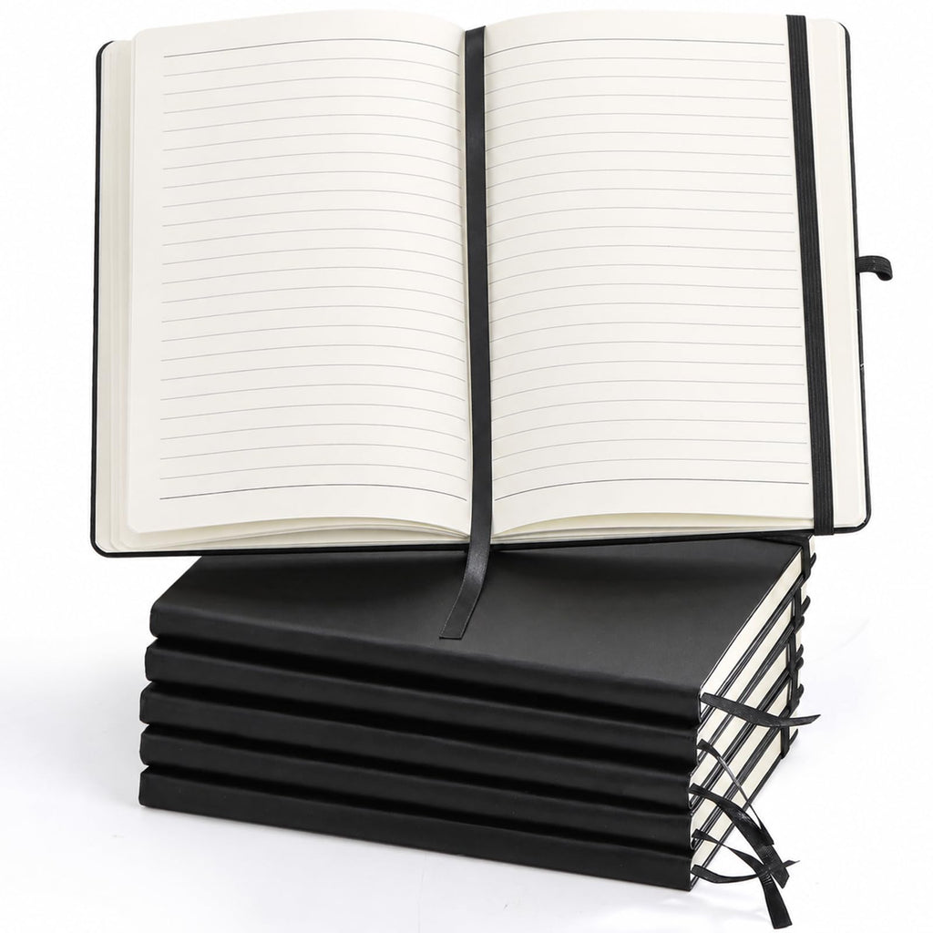 Coloch 6 Pack Ruled Notebook, A5 Black Hardcover Notebook with 200 Pages, Classic Lined Journal Pocket with 200 Pages and Pen Loop for School, College, Office, Business, 5.75" x 8.25"