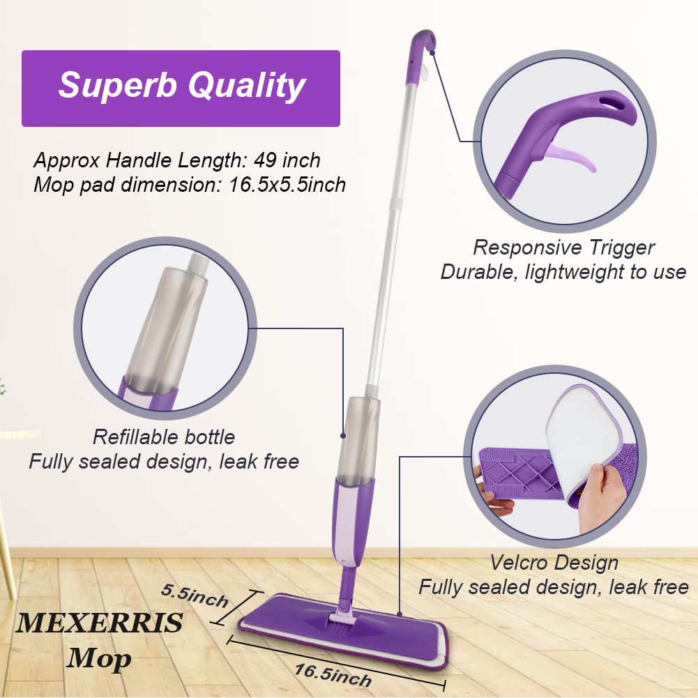 MEXERRIS Spray Mops for Floor Cleaning - Wet Dry Kitchen Floor Cleaning Mop with 2 Refillable Bottle 360°Rotatable Hardwood Mop for Laminate Wood Tiles 3 Microfiber Reusable Pads and 1 Scrubber