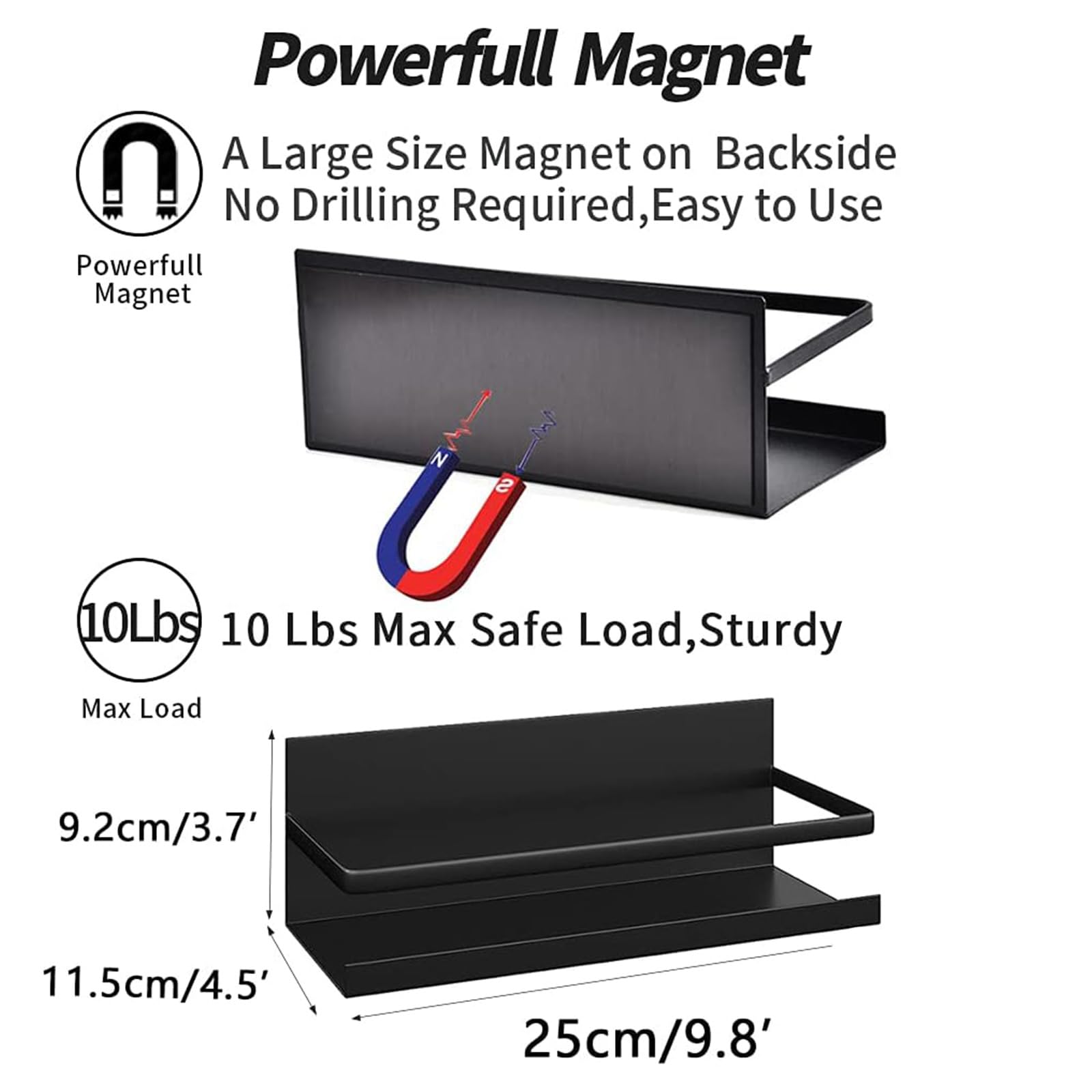 Magnetic Shelf,Magnetic Spice Rack for Refrigerator,Magnetic Stove Shelf Fridge Storage Organizer For Kitchen,Spice Rack for Cabinet,Space Container,Drill free (Black, 2 Pack)