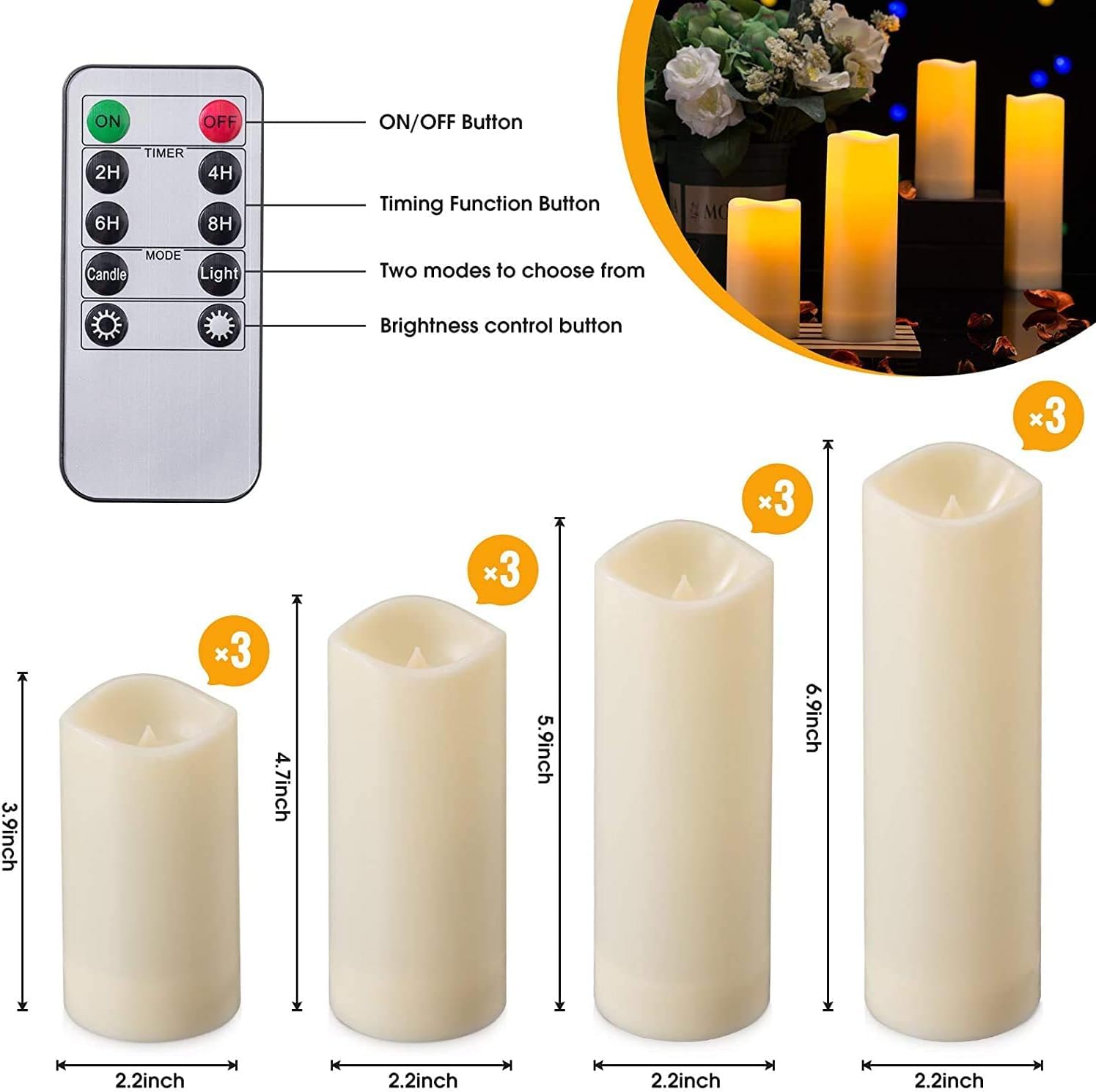 Flameless Candles, Led Candles Set of 12(D 2.1" X H 4" 5" 6" 7") Resin Candles with Remote Timer Waterproof Outdoor Indoor Candles (Made of Plastic)