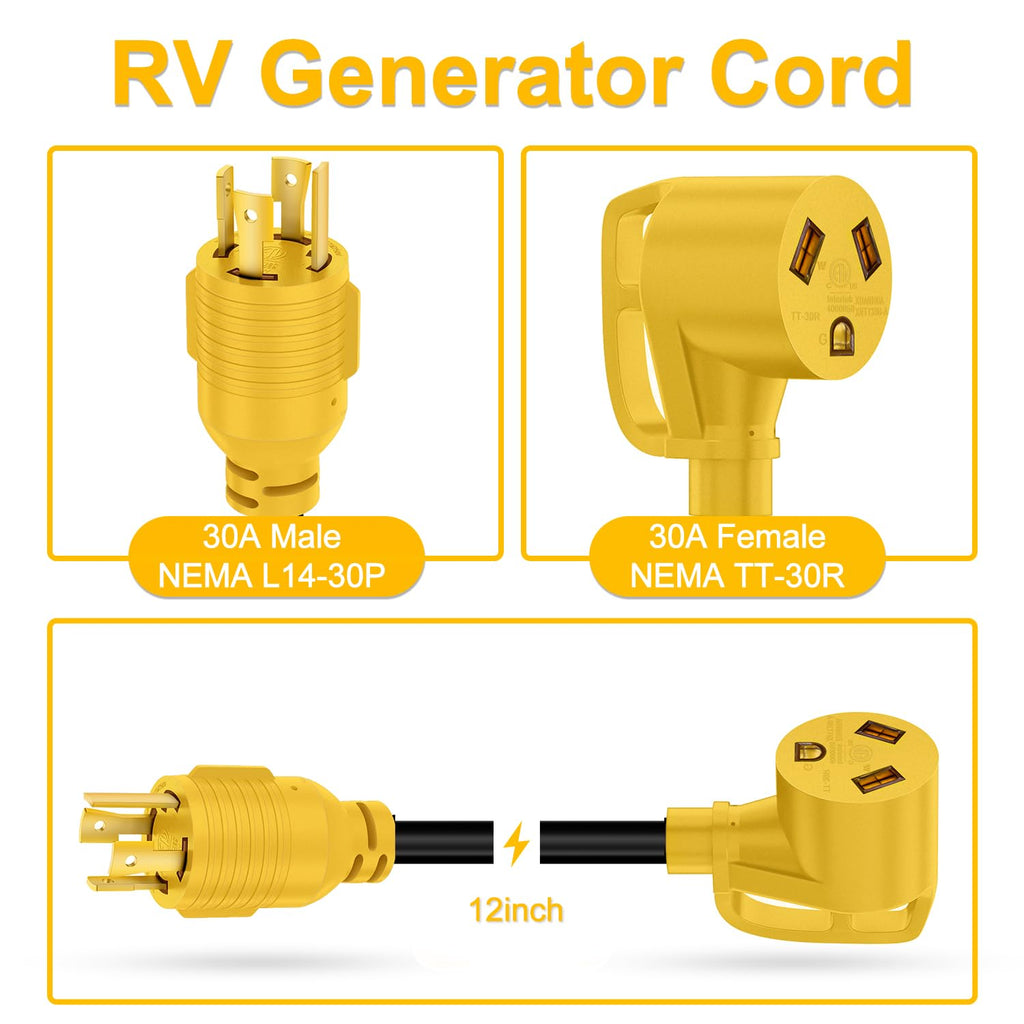 LudoPam 4 Prong 30 Amp RV Generator Adapter Cord with Grip Handle, NEMA L14-30P Twist Lock Male Plug to TT-30R Female Up to 7500W SJTW 10/3 Generator Cord for Generator to RV Trailer Camper,12 Inch