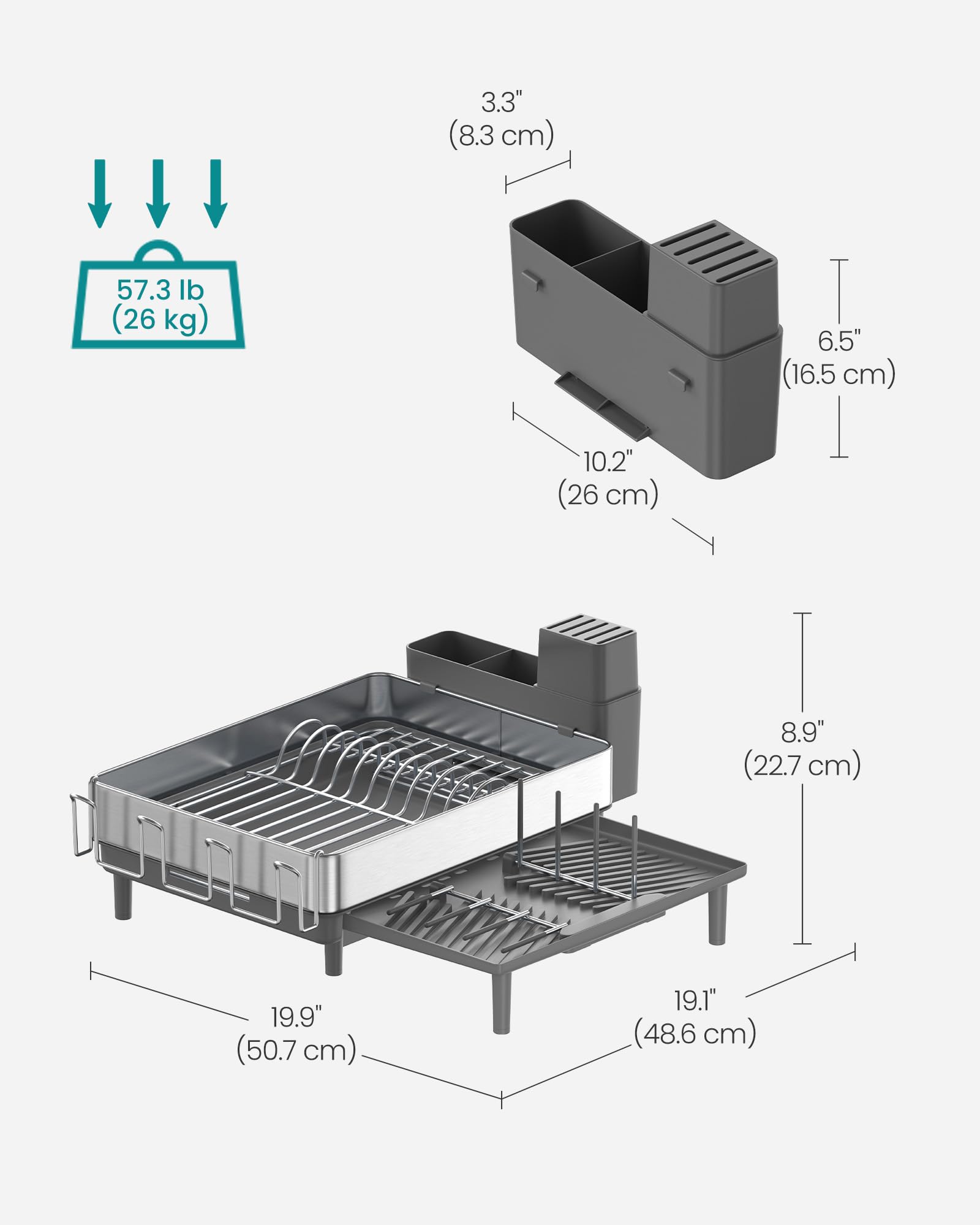 SONGMICS Dish Drying Rack, Expandable Dish Dryer for Kitchen Counter, Stainless Steel Dish Rack with Extendable Spout, Utensil, Cup, Glass, Cutting Board and Pan Holders, Silver and Gray UKCS037G01