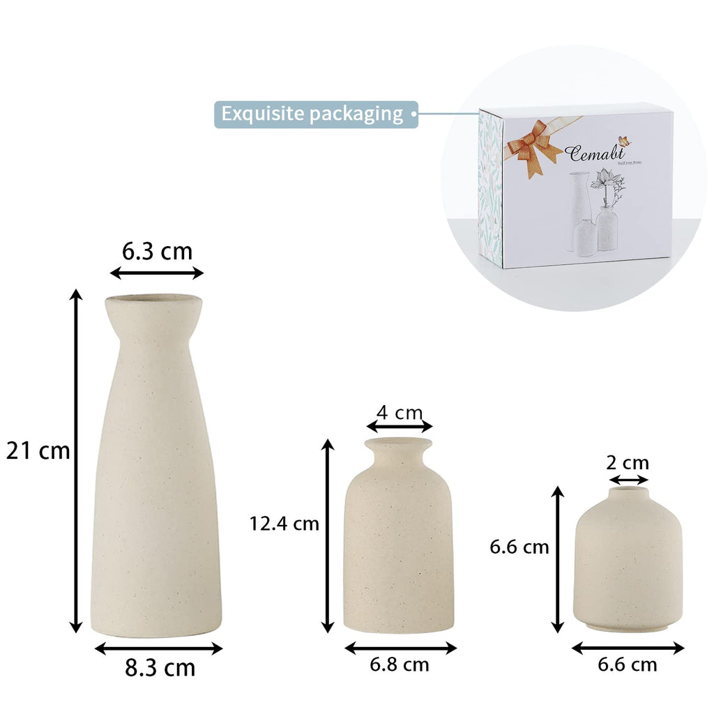 CEMABT Beige Ceramic vase Set-3 Small Flower vases for Decor,Modern Boho Farmhouse Home Decor,Decorative vase for Pampas Grass&Dried Flowers,idea Shelf ,Table,Bookshelf ,Entryway- Distressed