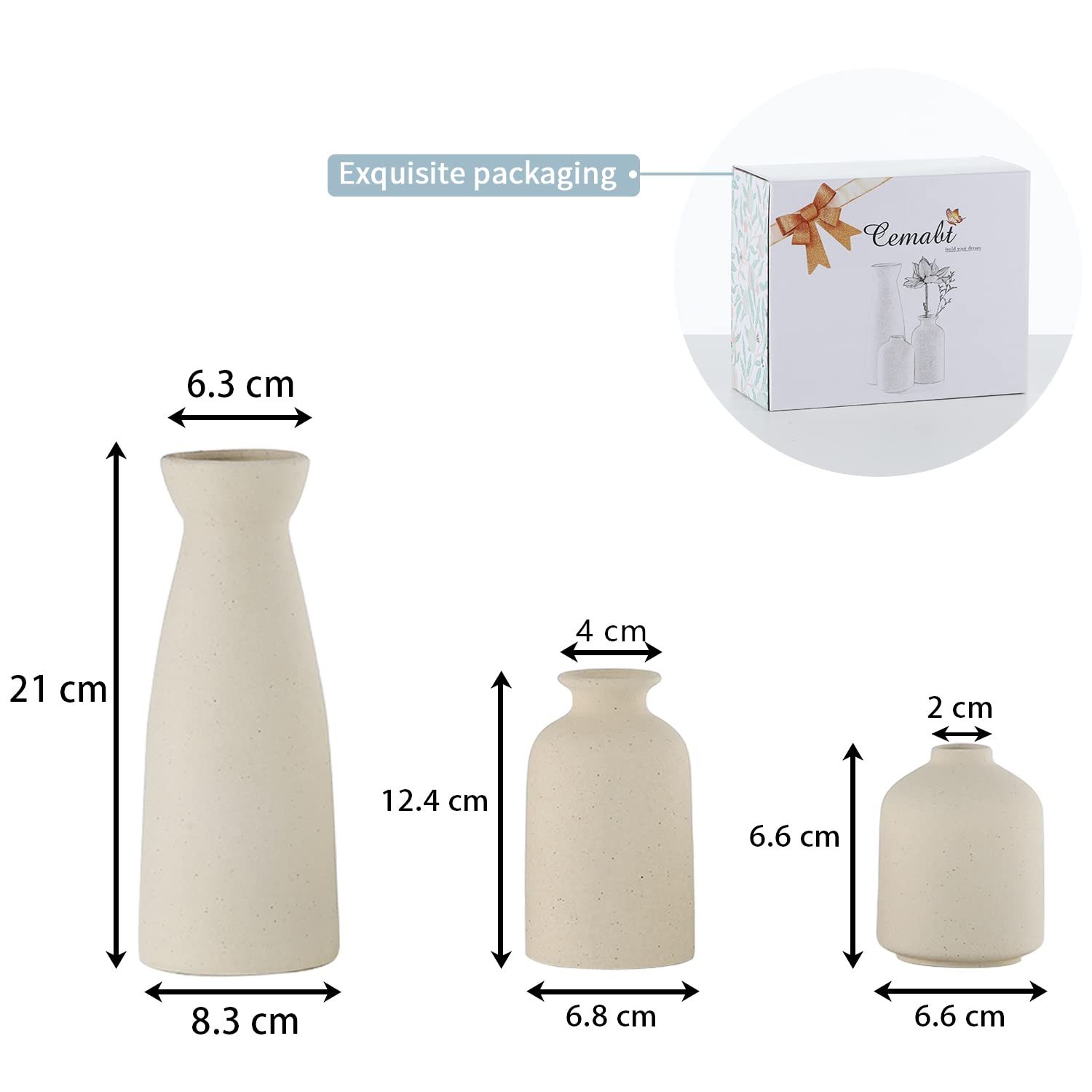 CEMABT Beige Ceramic vase Set-3 Small Flower vases for Decor,Modern Boho Farmhouse Home Decor,Decorative vase for Pampas Grass&Dried Flowers,idea Shelf ,Table,Bookshelf ,Entryway- Distressed