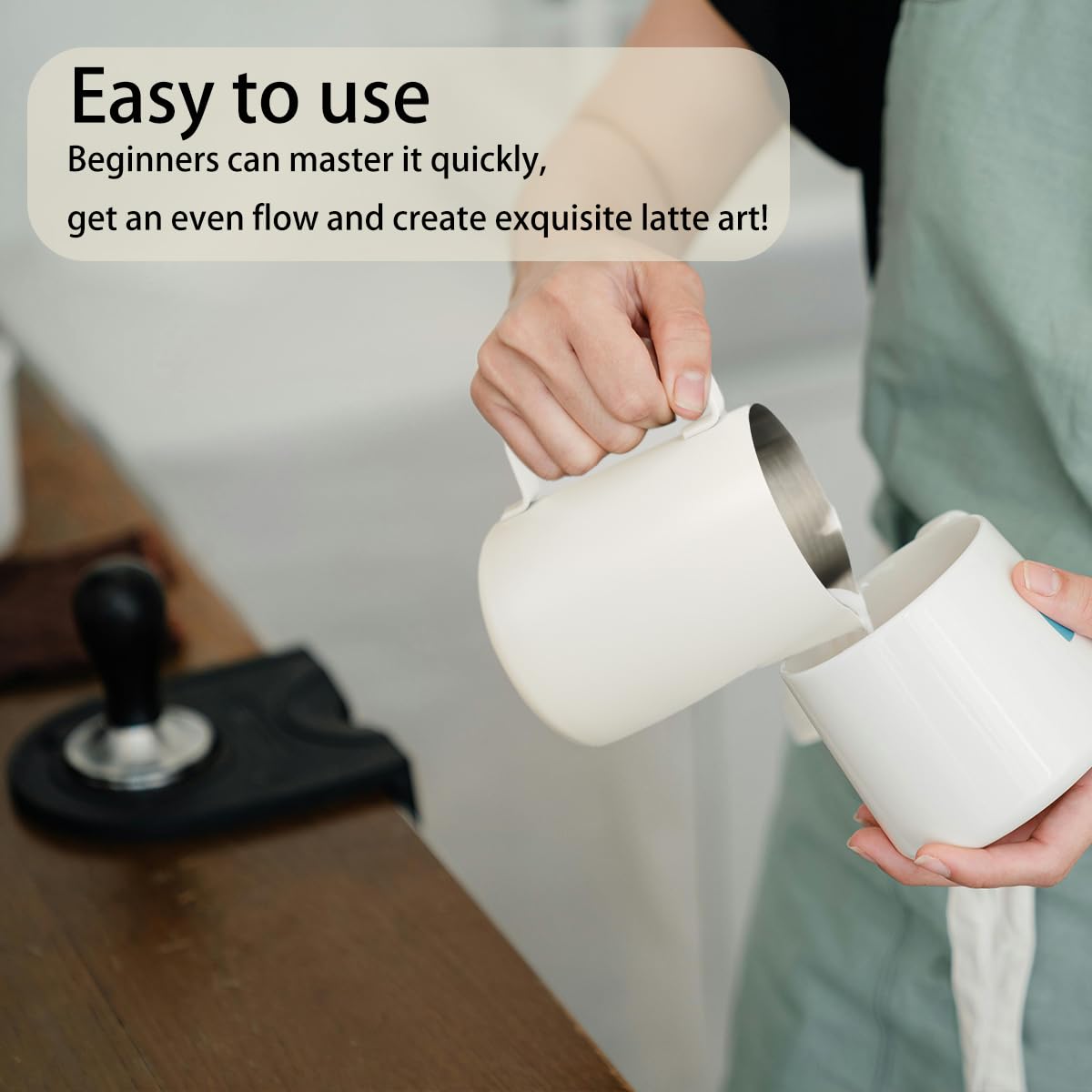 Uhuida Milk Frother Cup, 12oz/350ml Milk Pitcher, Thickened 304 Stainless Steel Milk Frothing Pitcher for Espresso Coffee, Milk(White)