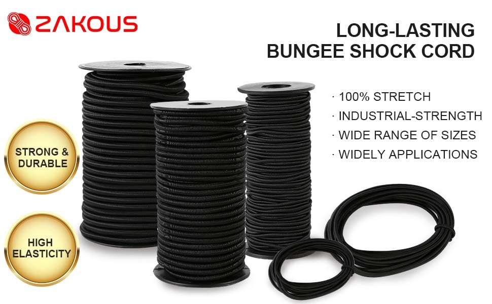 Zakous Strong and Durable Bungee Cord Roll - 3/16" x 100ft Elastic Cord, Kayak Stretch String Rope, Bungee Shock Cords for Repairing Tent Poles, DIY, Tie Downs, Black