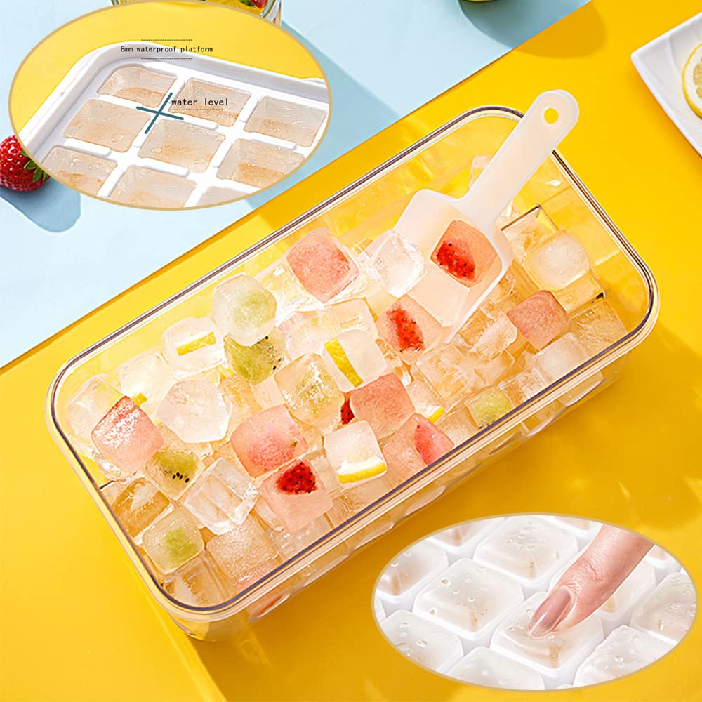 Ninyoon 1 Second Release Ice Cube Tray with Lid and Bin, 2 Tier ice molds Make 64 Ice Cubes Big Capacity Bin for Freezer Including Ice Scoop (Blue)