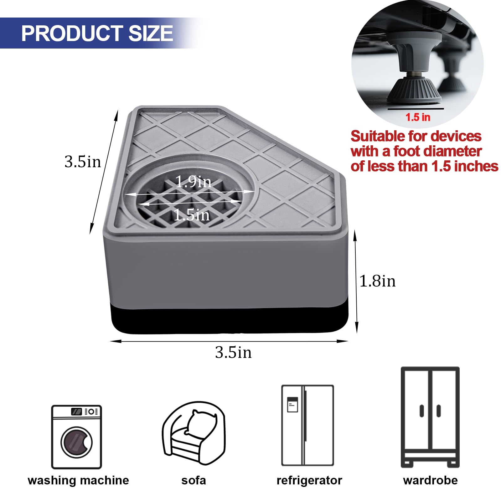 4Pcs Anti Vibration Pads for Washing Machine, Stops Washer Dryer Moving, Prevents Noise, Vibration Transfer, Antivibration Stabilizer Support Feet (Increase1.8in)