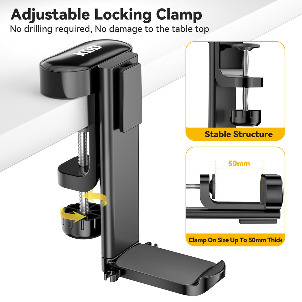 KDD 4 in 1 Desk Organizer - Under Desk Headphone Hook with 2 Wire Holes - Rotating Headphone Hanger and Detachable Storage for Cup, Phone and Pen(Black)