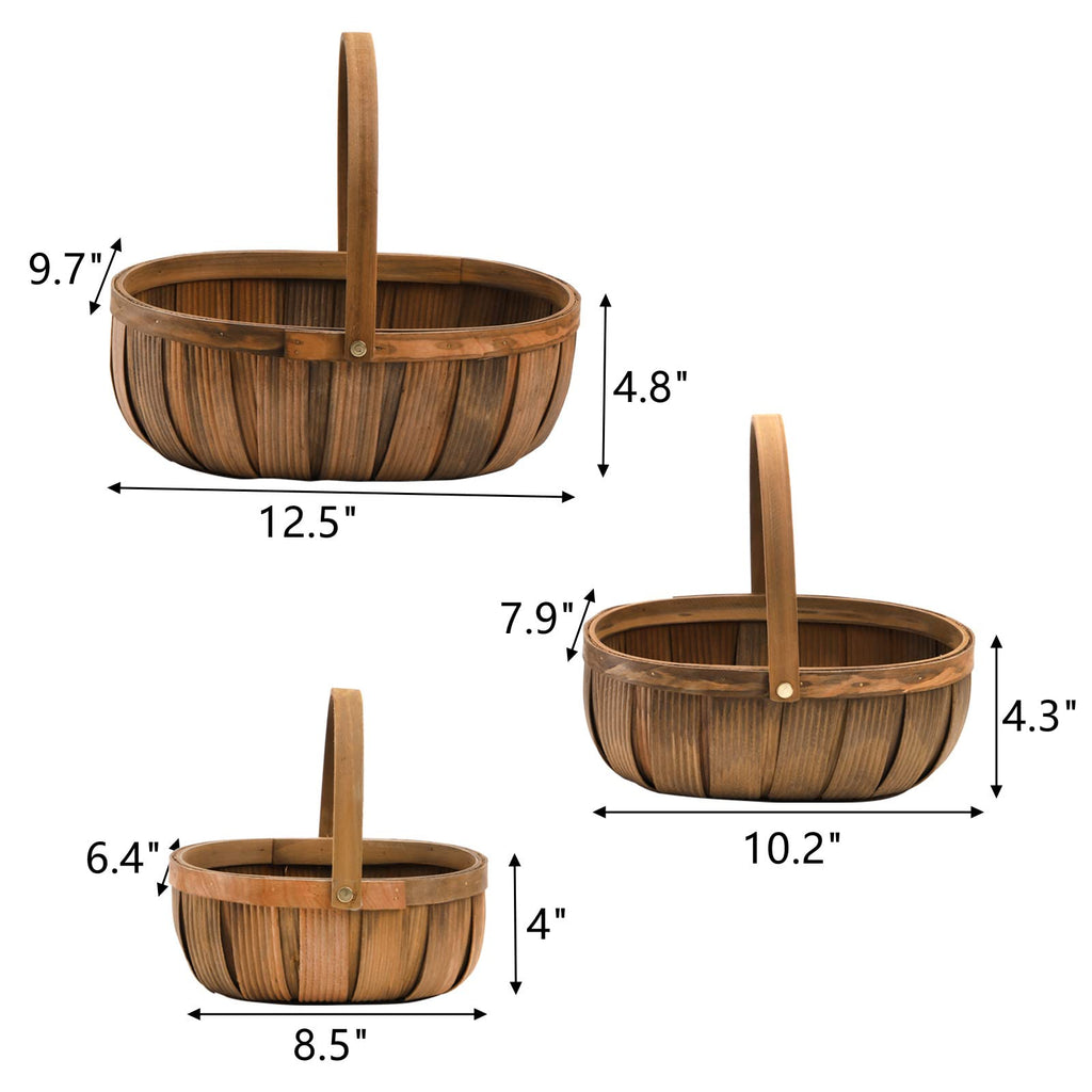 Lawei 3 Pack Wooden Bread Baskets, Wood Chip Picnic Basket with Handles, Handmade Woven Fruits Vegetable Storage Serving Basket Holder, Gift Packing Woven Basket, Flower Girl Baskets for Wedding