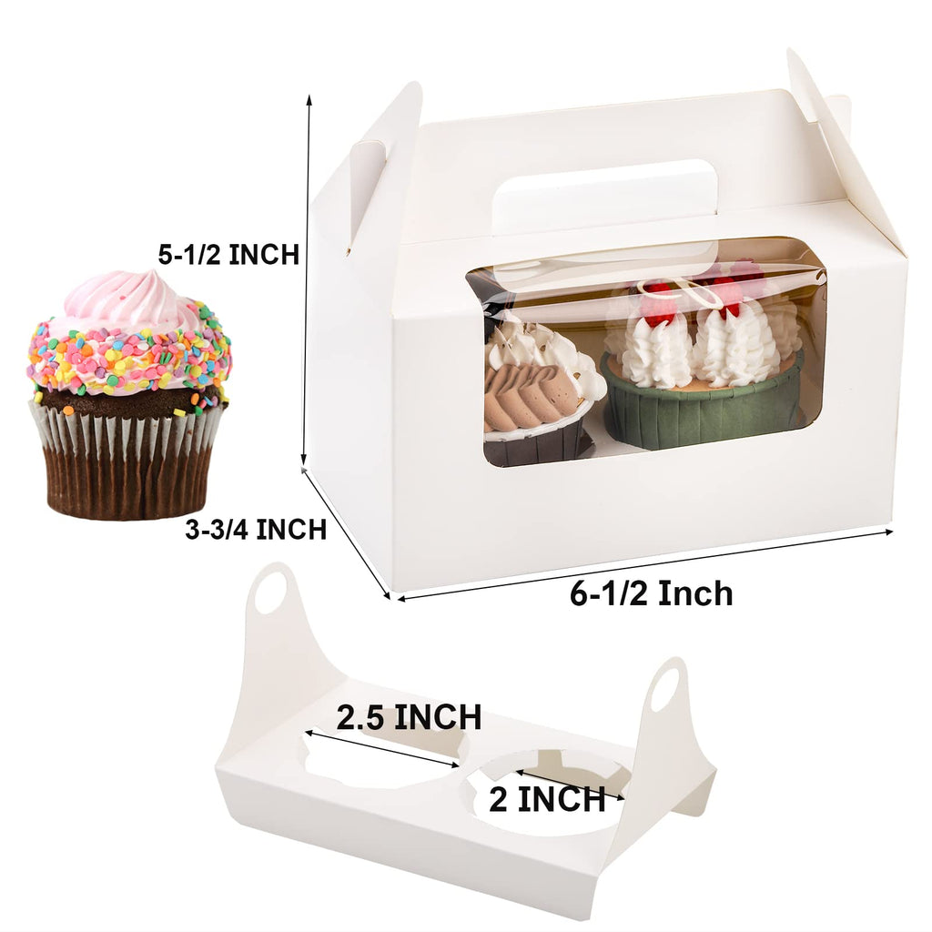 Jucoan 60 Pack 2 Count White Paper Cupcake Boxes with Insert, Handle and Window, Portable Cupcake Muffin Containers, Gable Bakery Gift Boxes Party Favor Treat Boxes for Wedding Birthday Baby Shower