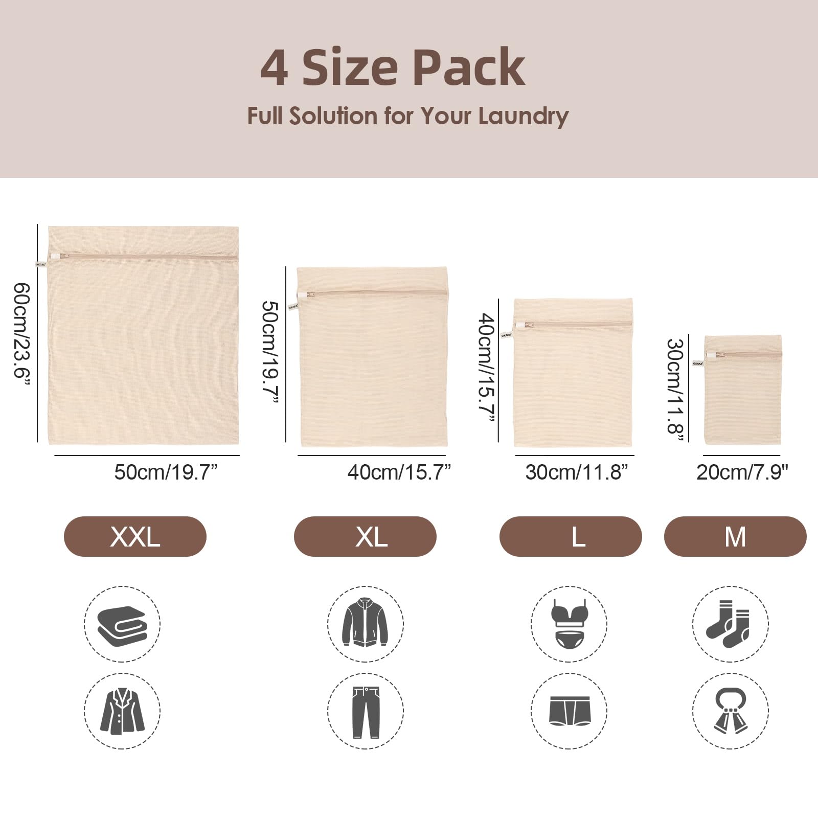 OKAKA 100% Cotton Mesh Laundry Bags, Premium Soft, No Dye, Set of 4, Natural