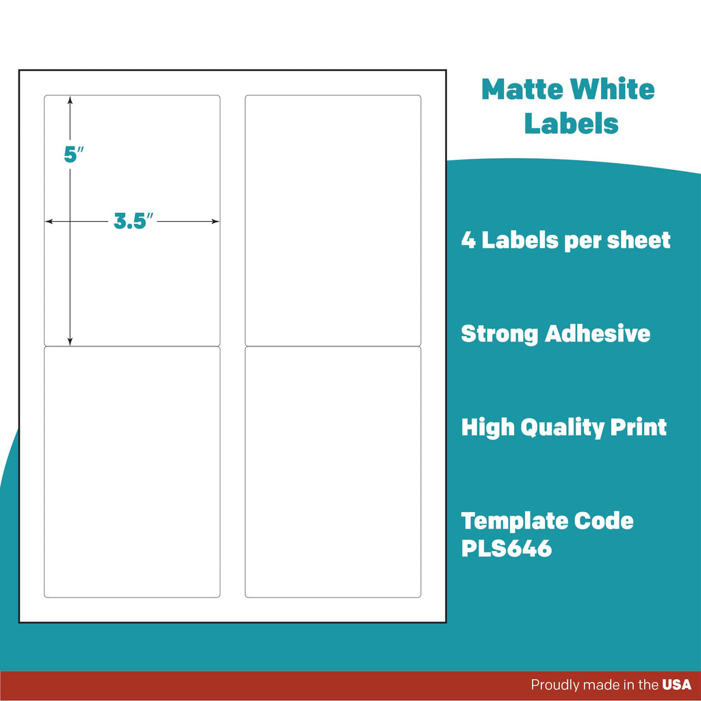 Premium Label Supply White Sticker Mailing/Shipping Labels – 3.5" x 5" – Laser/Inkjet Compatible – (4 per Sheet), 100 Sheets - 400 Total Adhesive Labels