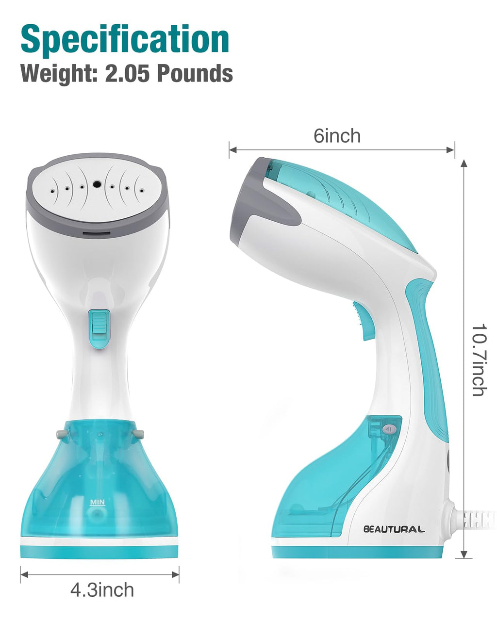 BEAUTURAL 1200-Watt Handheld Steamer for Clothes, 30-Second Heat-up, 8.79-Ounce Water Tank, Aqua