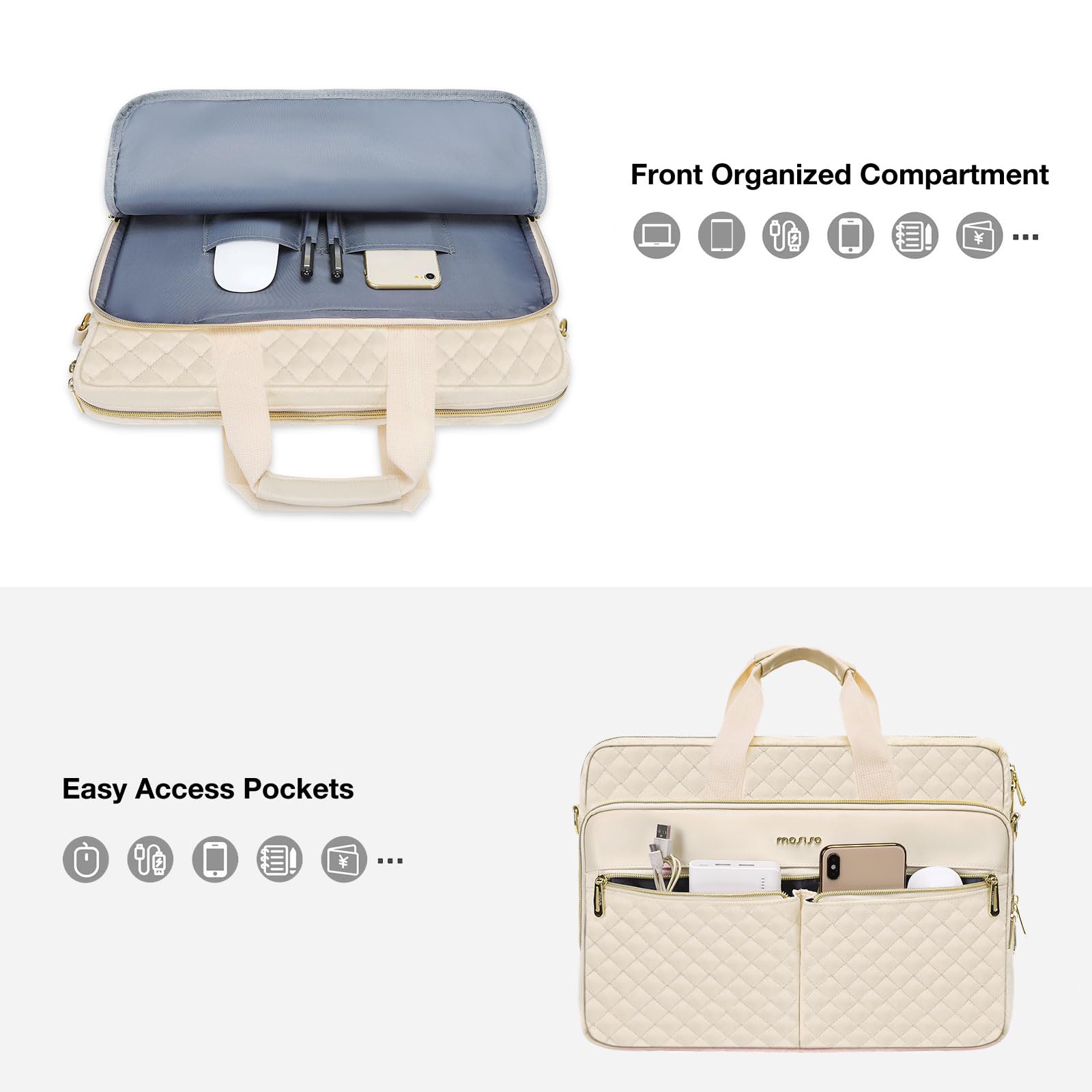 MOSISO Laptop Bag 13.3 inch, Briefcase for Women&Men, 13-14 inch Laptop Case Square Quilted Computer Messenger Bag Office Travel Business with 3 Pockets&Strap, Beige