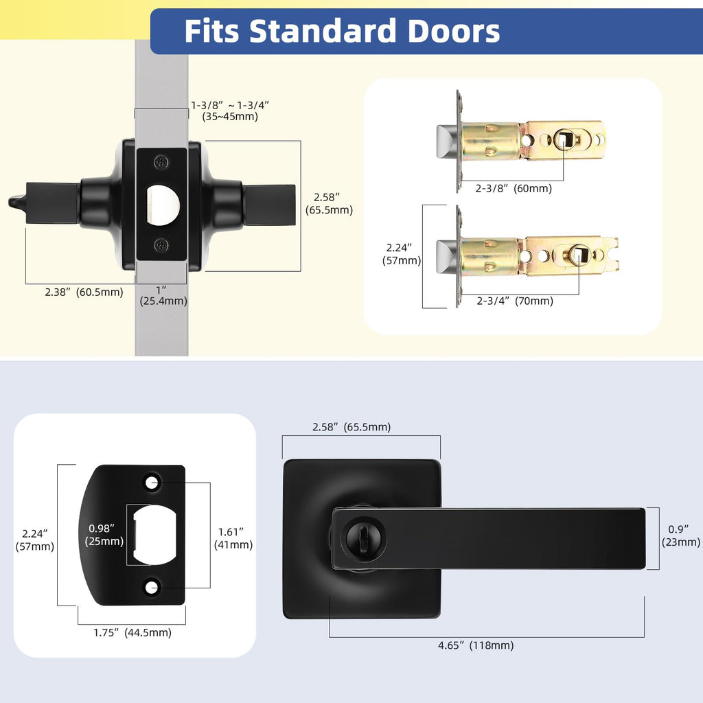 GOBEKOR 1 Pack Interior Privacy Door Handle with Lock Matte Black Door Lever for Bathroom and Bedroom Square Door Handle Indoor Matte Black Reversible Keyless Turn Lock