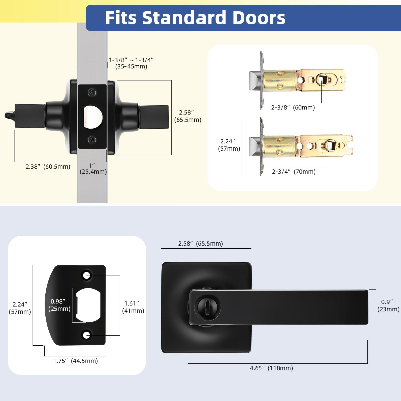 GOBEKOR 1 Pack Interior Privacy Door Handle with Lock Matte Black Door Lever for Bathroom and Bedroom Square Door Handle Indoor Matte Black Reversible Keyless Turn Lock