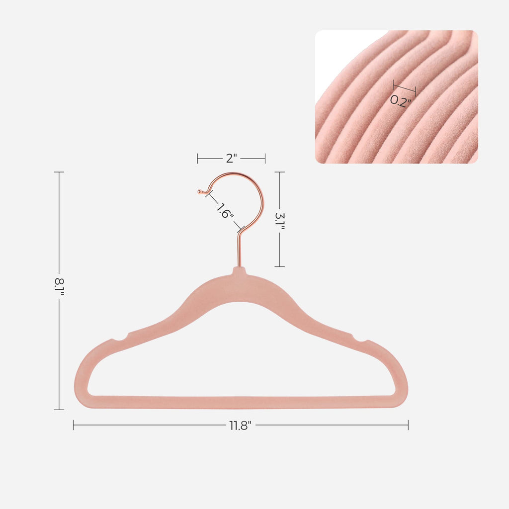 SONGMICS Baby Kids Hangers 50 Pack for Closet, 11.8 x 8.1 Inches, Rose Gold 360° Swivel Hooks, Space-Saving Clothes Velvet Hangers for Nursery, Non-Slip, Jelly Pink UCRF027P01