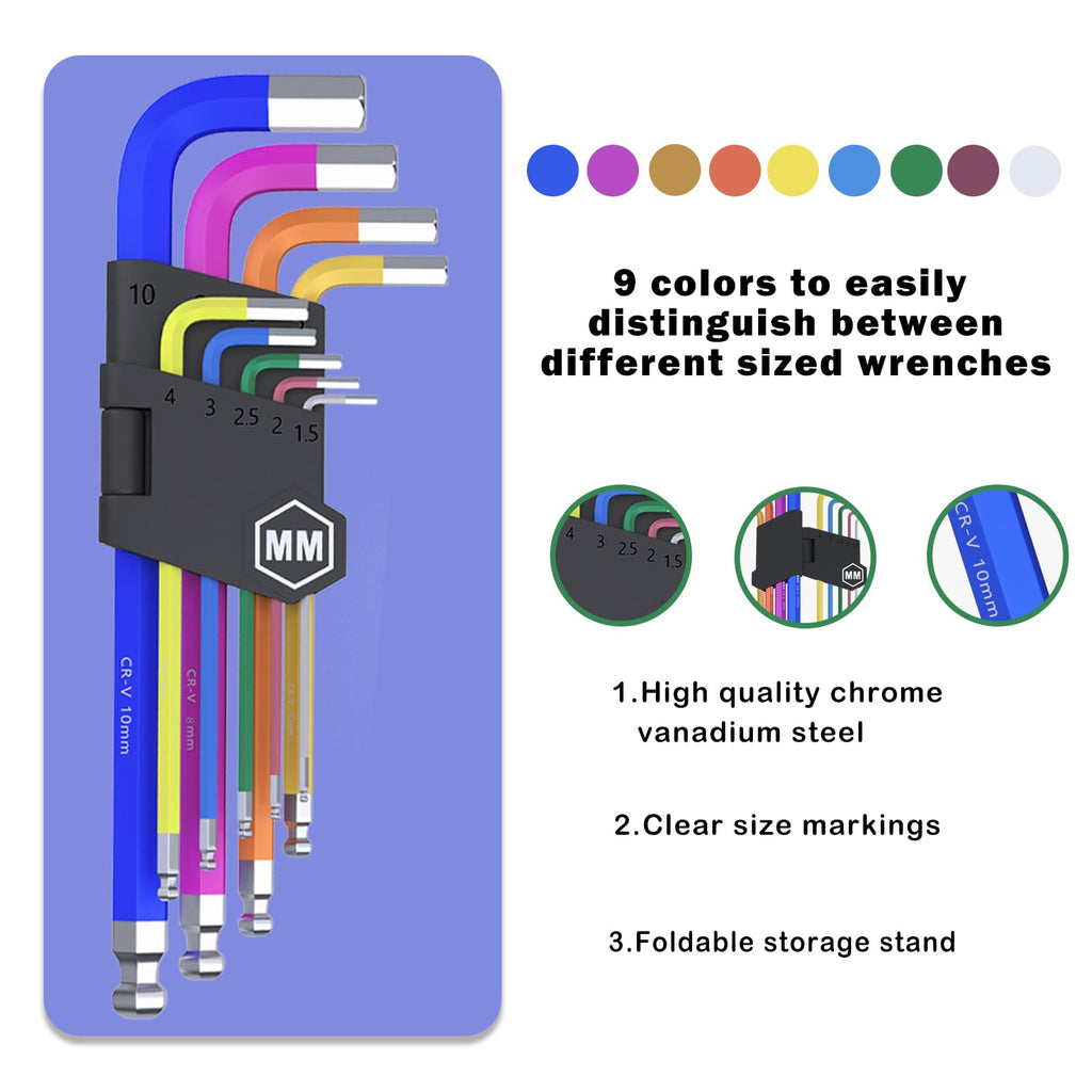 Kimapeso 9 PCS Allen Key Set Metric Allen Wrenches Set Long Arm Ball End Hex Key Allen Wrench Set L-Hex Key Set 1.5 to 10mm Metric Hex Key Set