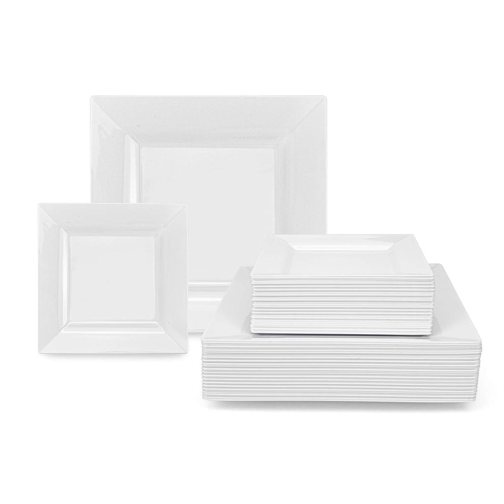 Suwimut 70 Pack White Square Plastic Plates, Heavy Duty 35 Pieces 9.5 Inch Dinner Plates and 35 Pieces 6.5 Inch Dessert/Salad Plates, Fancy White Disposable Plates for Wedding Birthday Party