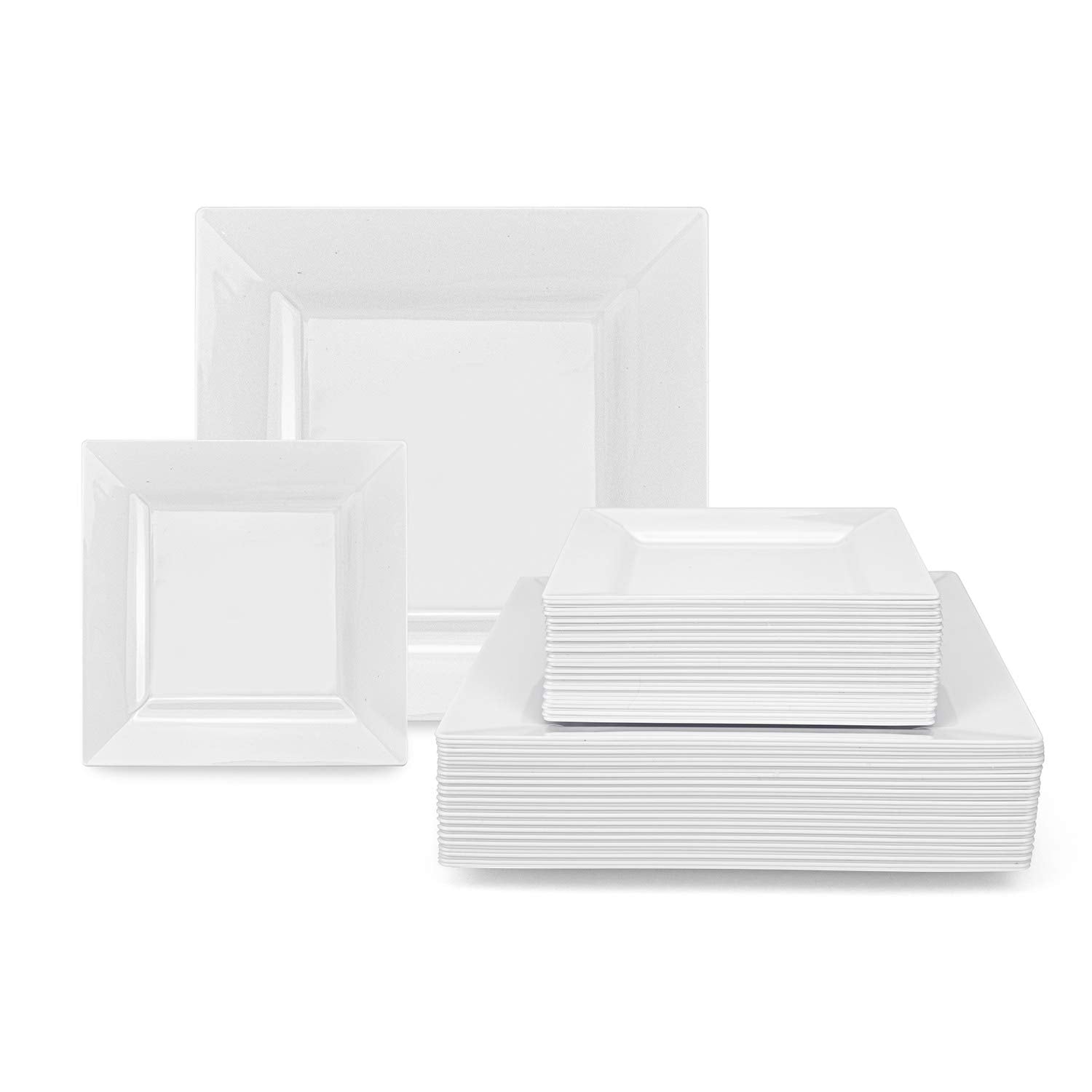 Suwimut 70 Pack White Square Plastic Plates, Heavy Duty 35 Pieces 9.5 Inch Dinner Plates and 35 Pieces 6.5 Inch Dessert/Salad Plates, Fancy White Disposable Plates for Wedding Birthday Party