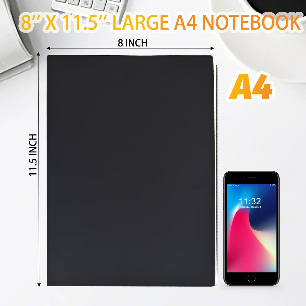 UIRIO A4 Wide Ruled Notebook, 8 x 11.5 in, Faux Leather Softcover, 200 Sheets / 400 Pages – Large Lined Writing Notebook for Work, Meetings & Notes (Black)