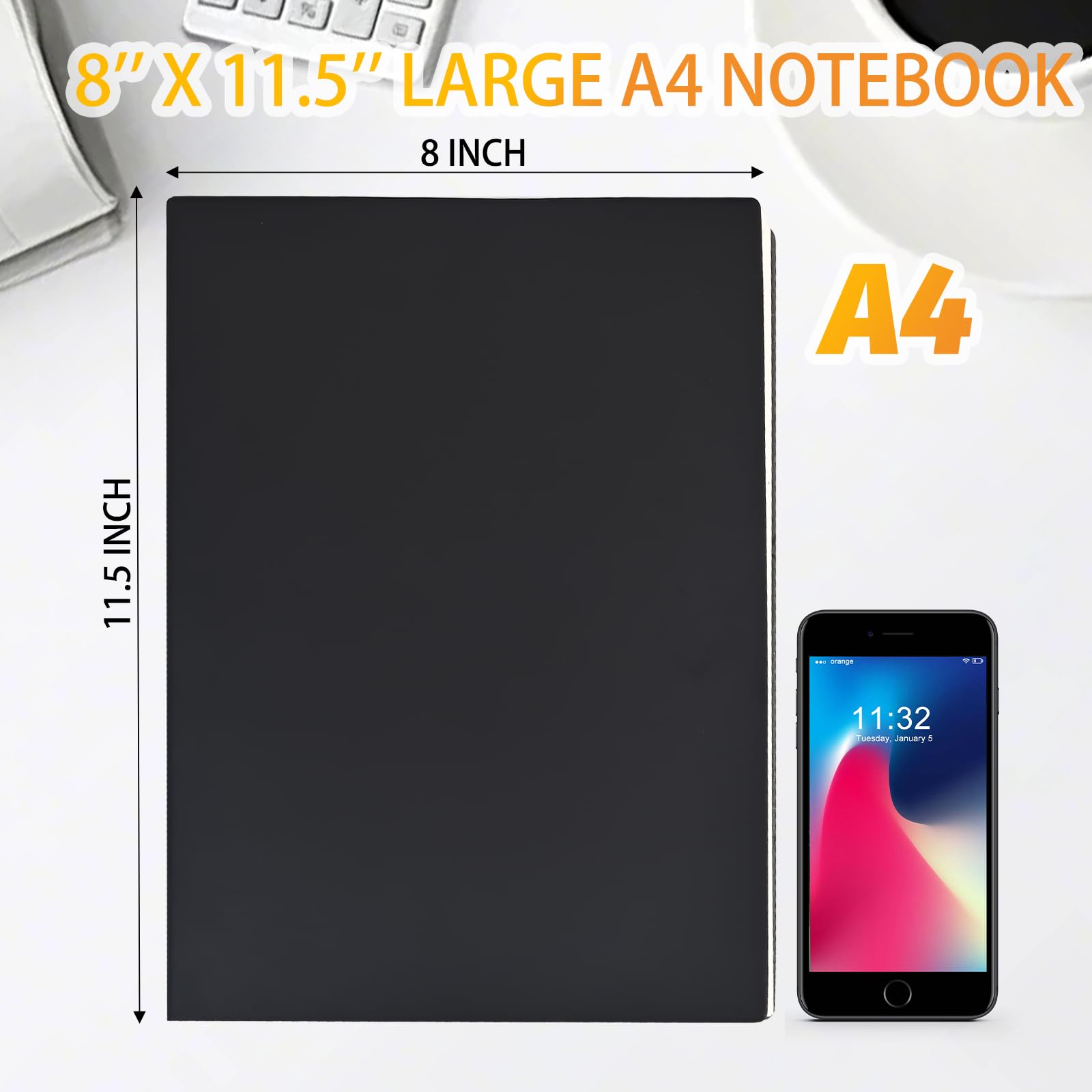 UIRIO A4 Wide Ruled Notebook, 8 x 11.5 in, Faux Leather Softcover, 200 Sheets / 400 Pages – Large Lined Writing Notebook for Work, Meetings & Notes (Black)