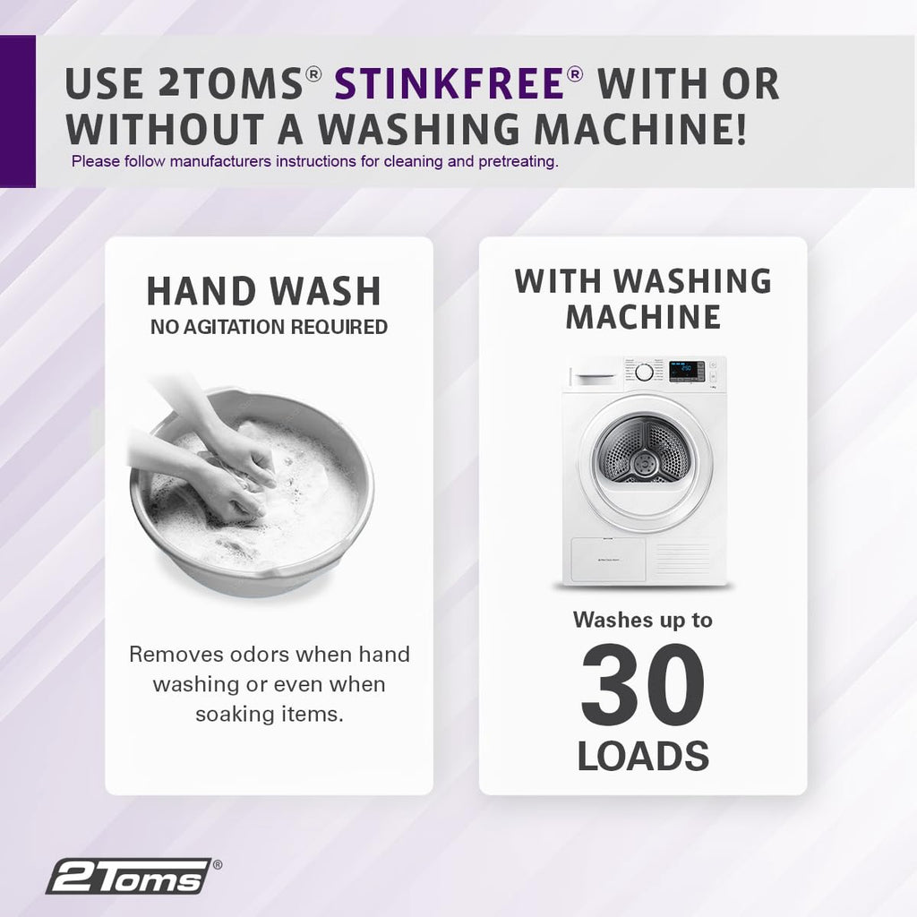 2Toms StinkFree Laundry Detergent, Fragrance Free Odor Eliminator for Athletic Clothes & Gear, Formulated for Sweat, 30 Ounce Bottle