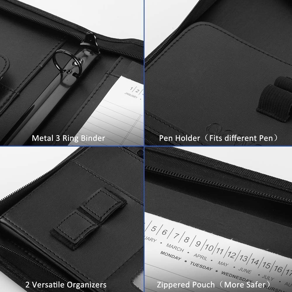 Padfolio Portfolio Folder, OOWOLF PU Leather Professional with Round Ring Binder Writing Pad Tablet Sleeve Interview Resume Document Organizer Business Card Holder Zippered Closure 8.5 x 11 Inch 1Pack