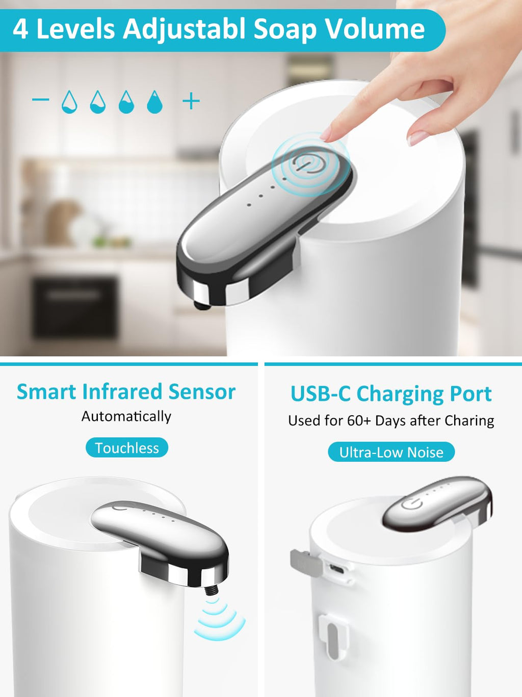 ZTJ Automatic Liquid Soap Dispenser, Electric/Touchless Soap Dispenser with Waterproof Pump for Bathroom/Kitchen, 4-Levels Adjustable USB-C Rechargeable, 13.5oz/400ml Capacity, Liquid Style, White