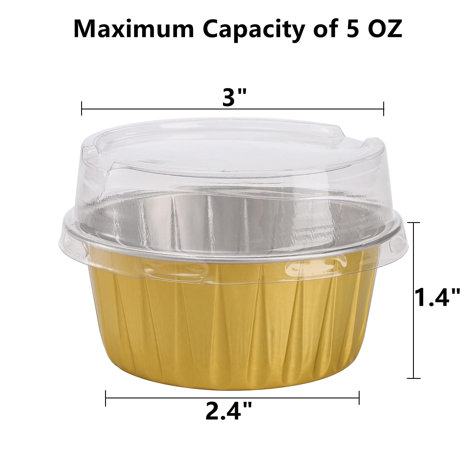 DEAYOU 100-Pack Aluminum Foil Baking Cups with Lids, 5oz Muffin Cupcake Ramekins, 3" Recyclable Cupcake Foil Liners Mini Tart Pie Tin Pan Holder for Souffle, Pudding, Party, Wedding, Gold