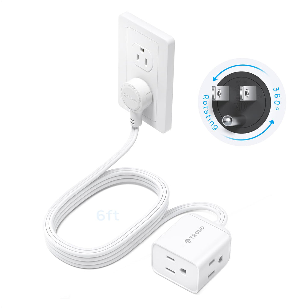 TROND 6ft Flat Extension Cord Indoor, 360° Rotating Plug Power Bar, 3 Way Outlets Extender, 13 Amps, 1625W, Small Flexible SPT 16/3 Cable Splitter for Hotel Cruise Ship Travel Essentials, White