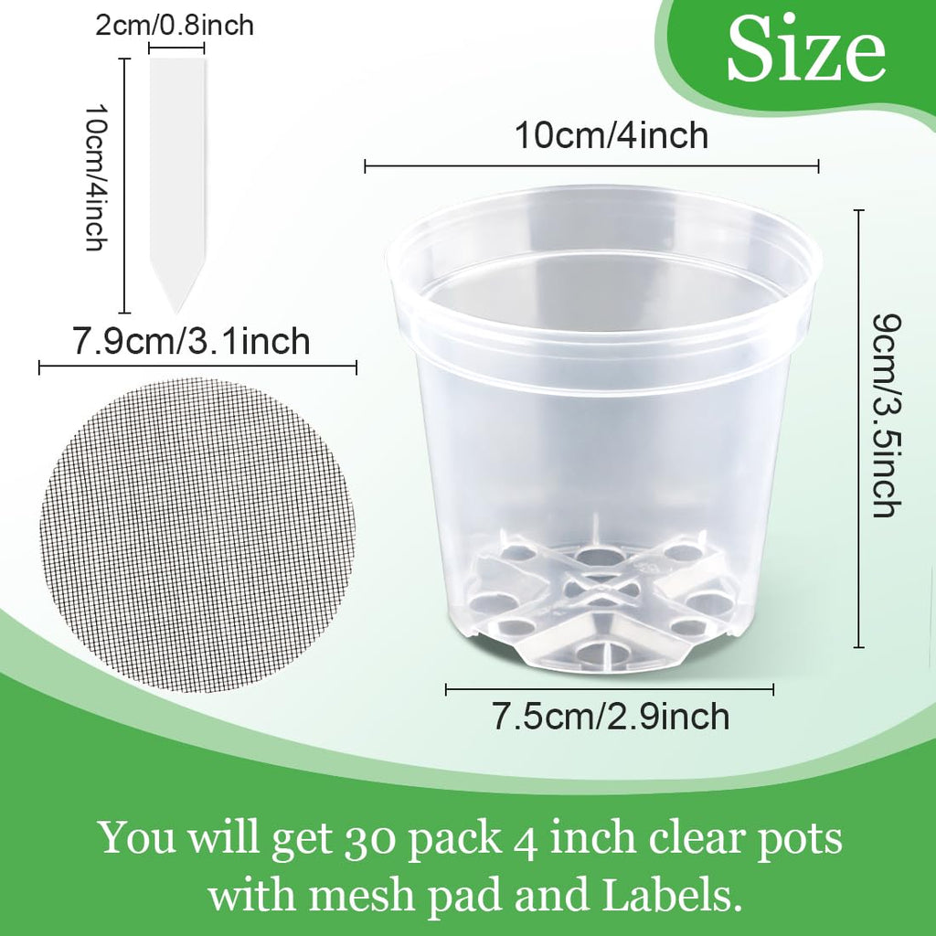 BTPLASTIK Clear Nursery Pots with Drainage Holes (Clear, 4 Inch-30P)