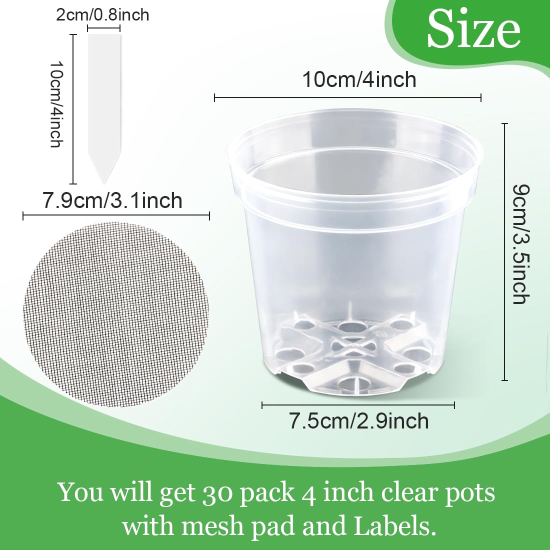 BTPLASTIK Clear Nursery Pots with Drainage Holes (Clear, 4 Inch-30P)