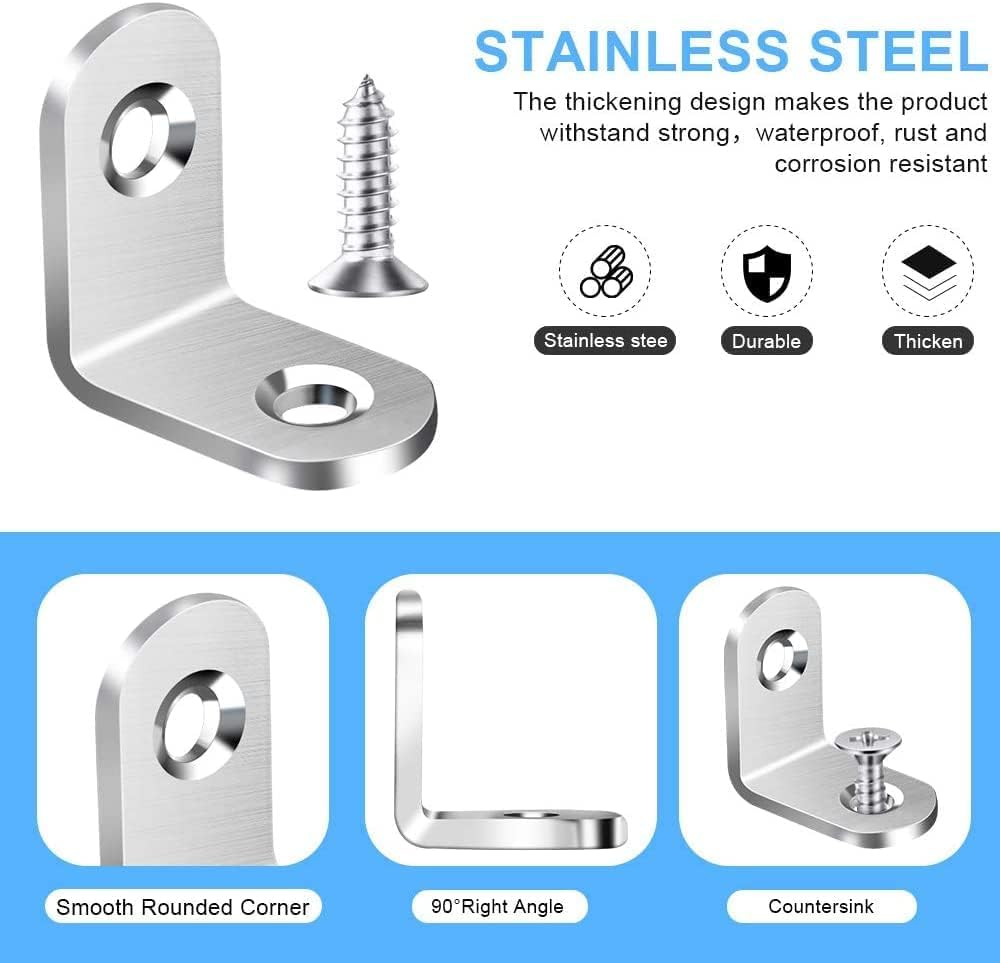 Baoswi 80PCS L Bracket Corner Brace, Stainless Steel L Brackets for Shelves, Metal Corner Bracket, Small Right Angle Bracket for Wood Furniture Chair Drawer Cabinet with 160PCS Screws