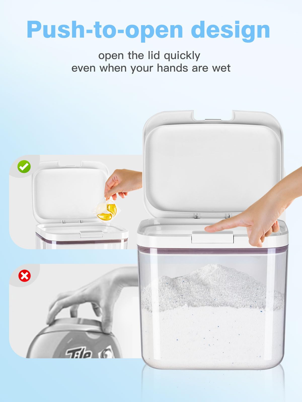 LivLab Mker Laundry detergent dispenser with One-Press Lid,for laundry room organization,Clear PET laundry powder container with Measuring Cup,laundry pods container (2.8L)