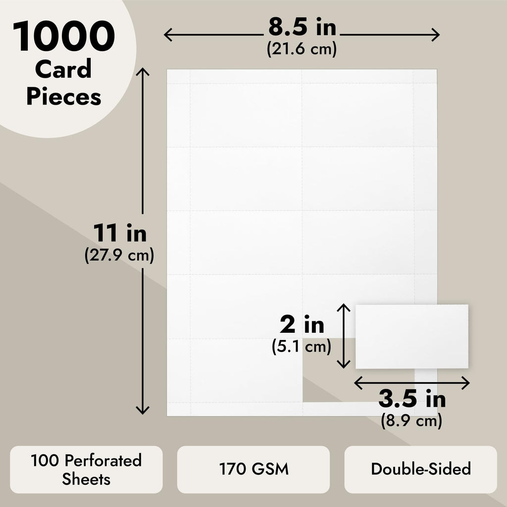 1000 Piece Blank Printable Business Cards 3.5 x 2, Perforated Card Stock Paper for Inkjet and Laser Printers, 10 Cards Per Sheet (White)