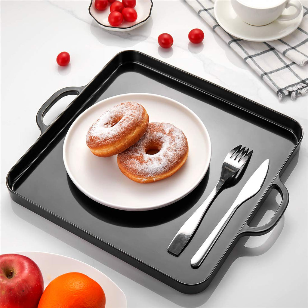 HSDT Black Melamine Serving Tray with Handles 15.3"x12.6" Square Flat Spillproof Tray Set of 2
