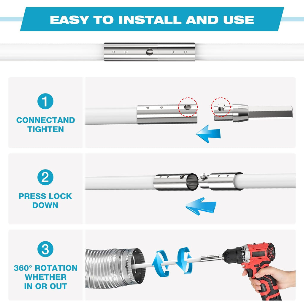Sealegend 15 Feet Dryer Vent Cleaning Brush, Flexible Lint Brush with Drill Attachment, Upgraded Quick Snap Rods Extends Up to 15 Feet for Faster Cleaning